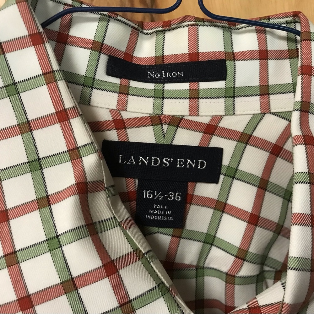 Men’s Lands’ End Button Down Plaid Shirt Red Green Off White 16 1/2 - 36